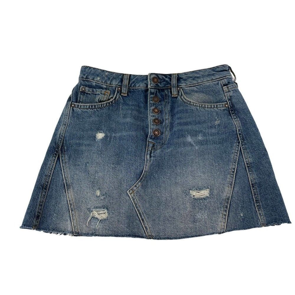 Free People Jean Skirt We The Free Denim Mini Distressed Size 26 Button Fly Boho